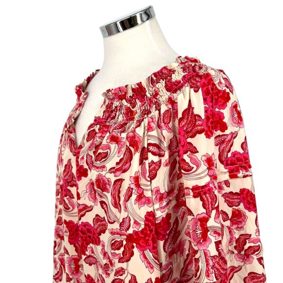 Rose + Olive Floral Smocked Puff Sleeve Blouse Red Pink Ivory Size Large - Picture 5 of 12